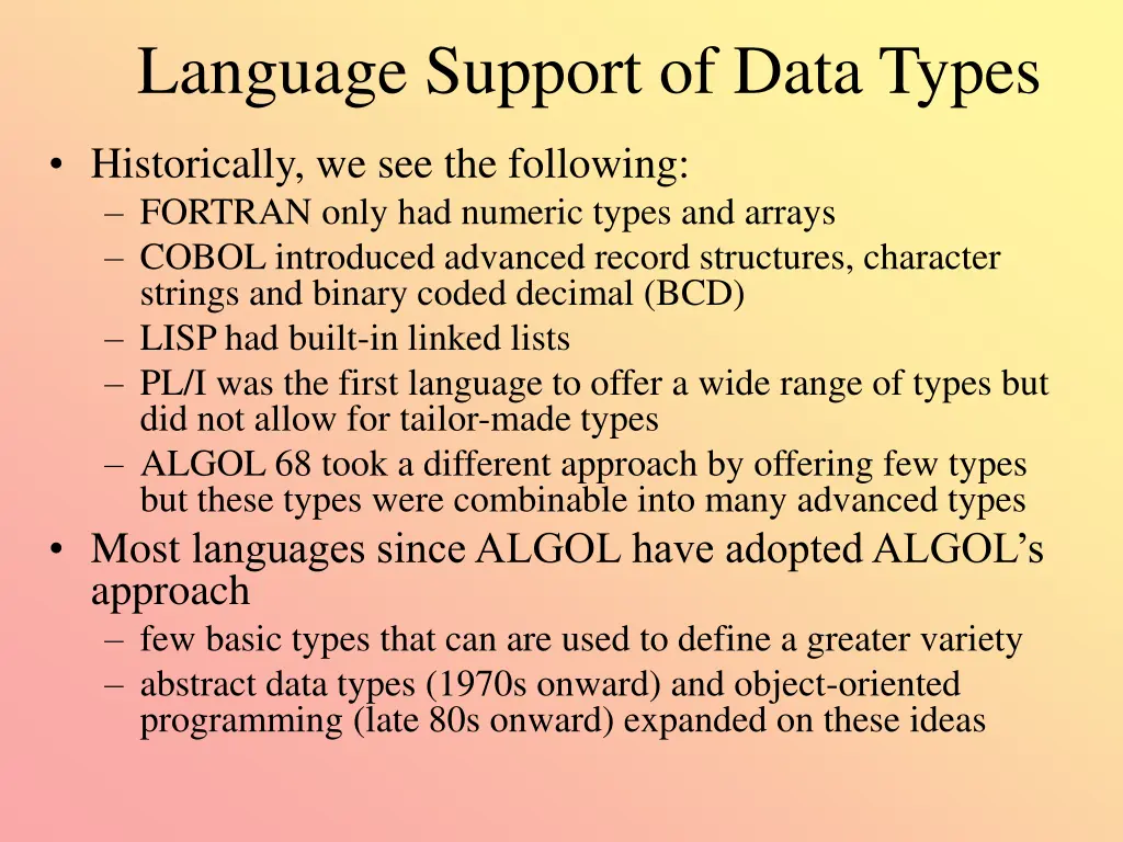 language support of data types