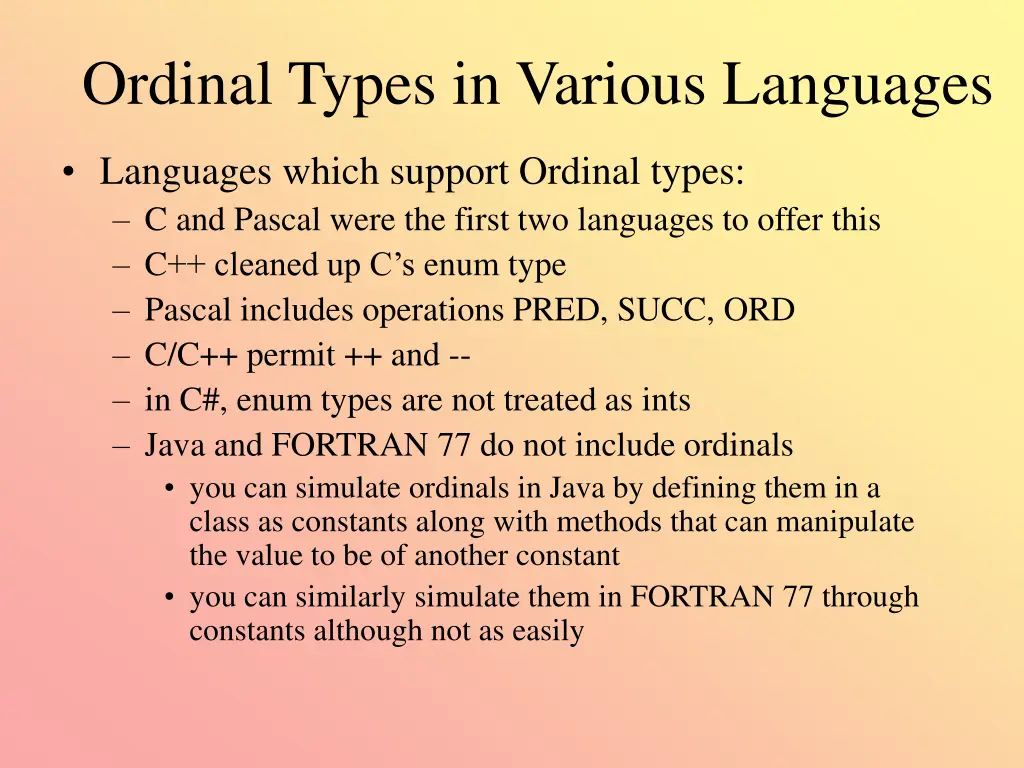 ordinal types in various languages