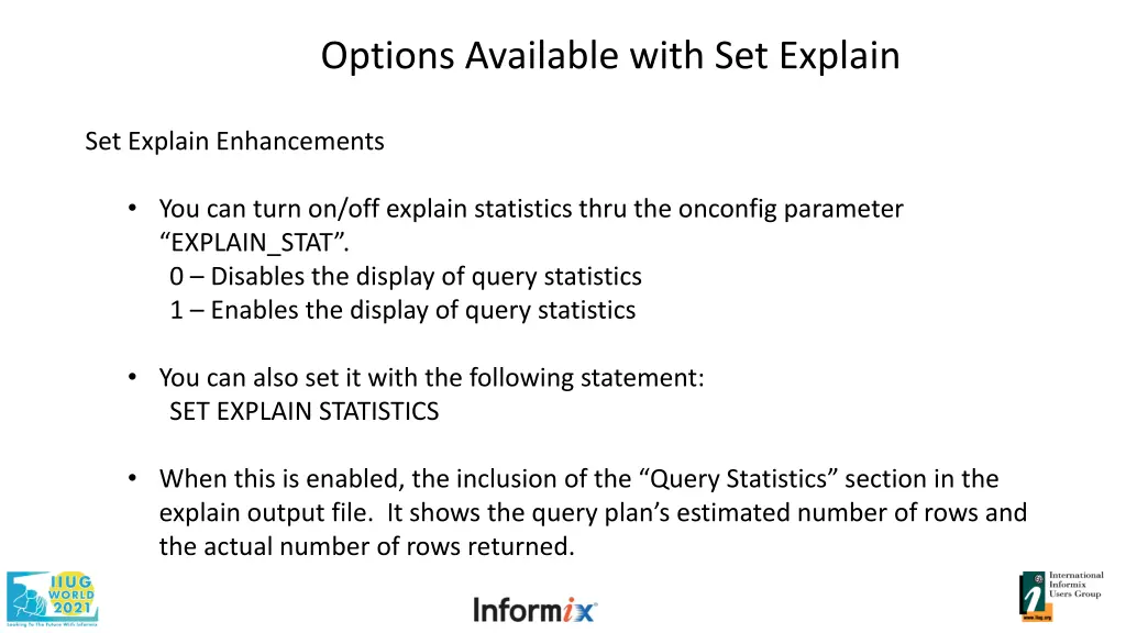 options available with set explain
