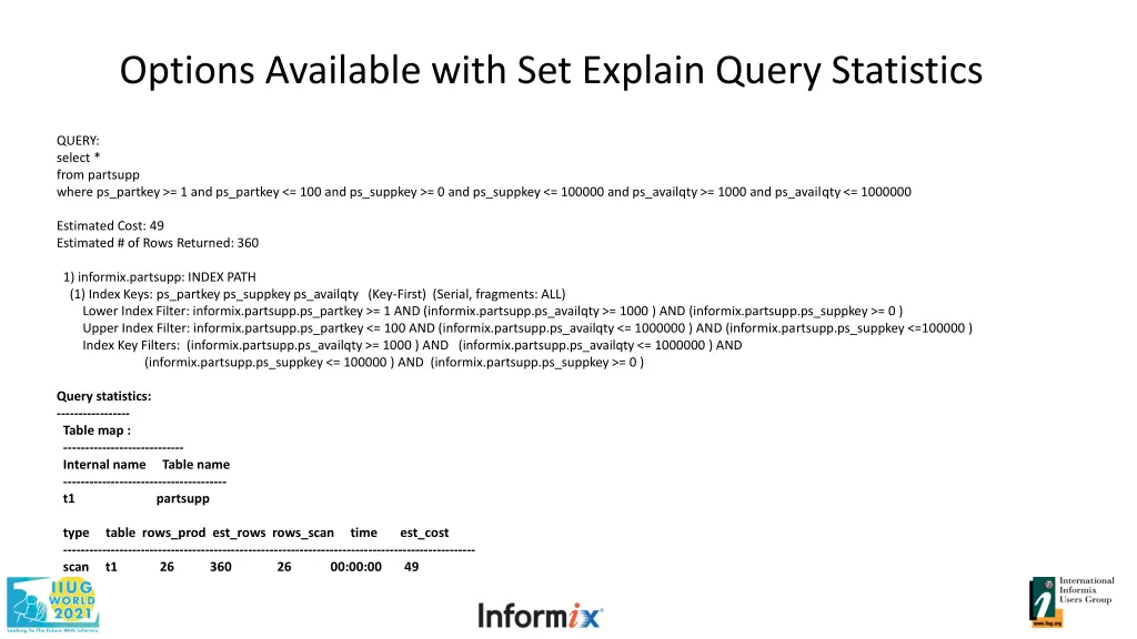 options available with set explain query