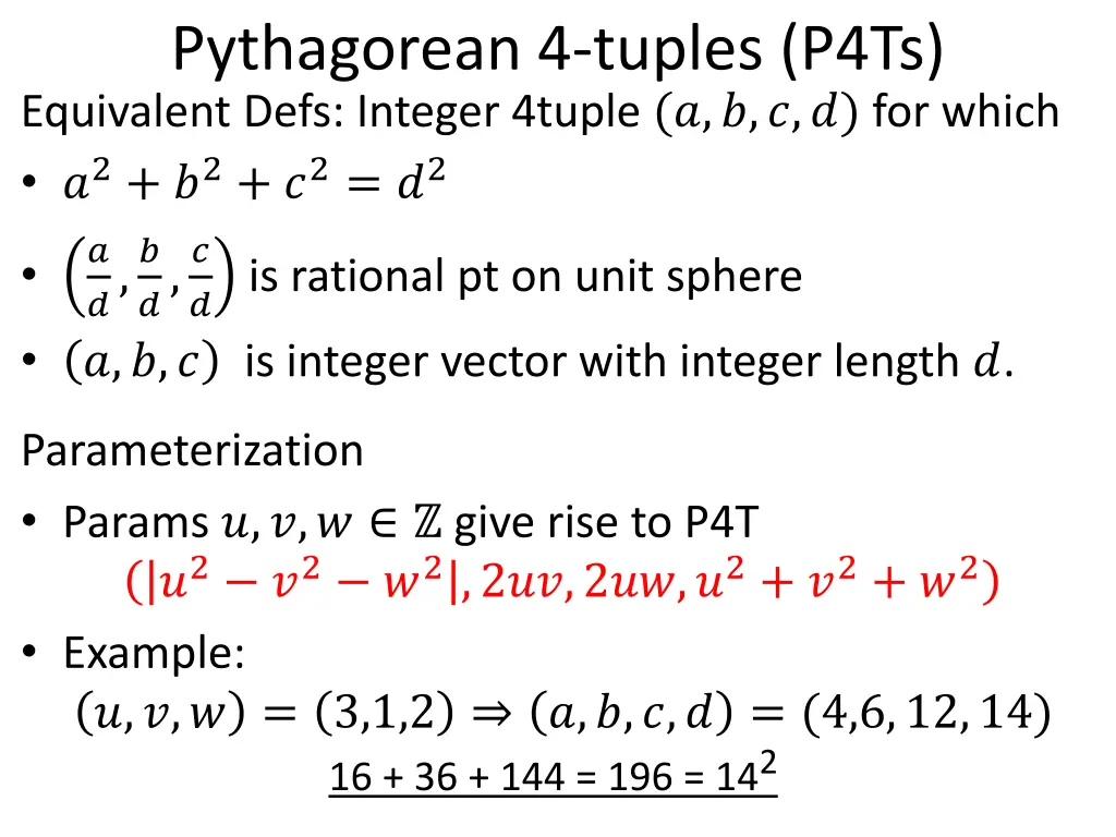 pythagorean 4 tuples p4ts equivalent defs integer