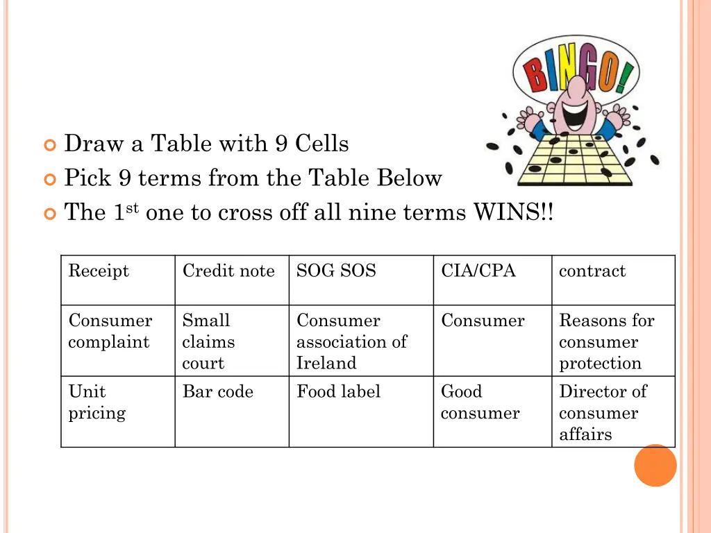 draw a table with 9 cells pick 9 terms from