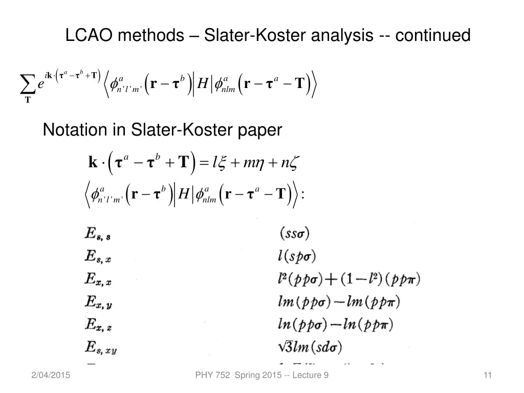 lcao methods slater koster analysis continued