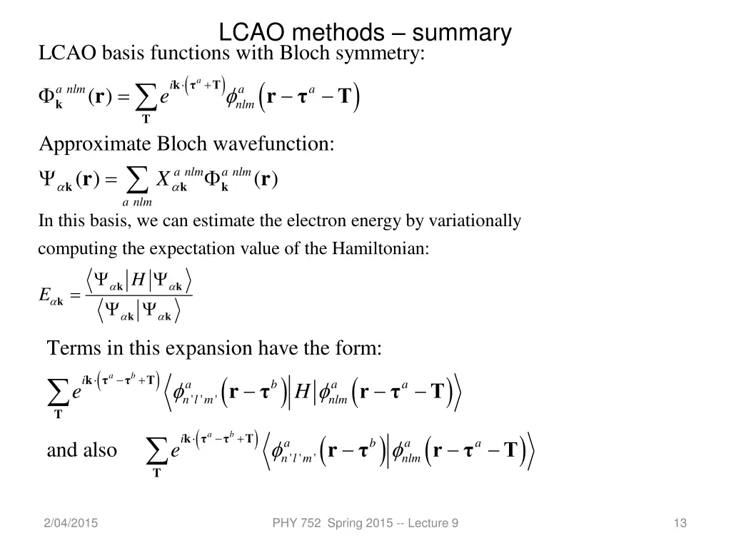 lcao methods summary ions with bloch symmetry