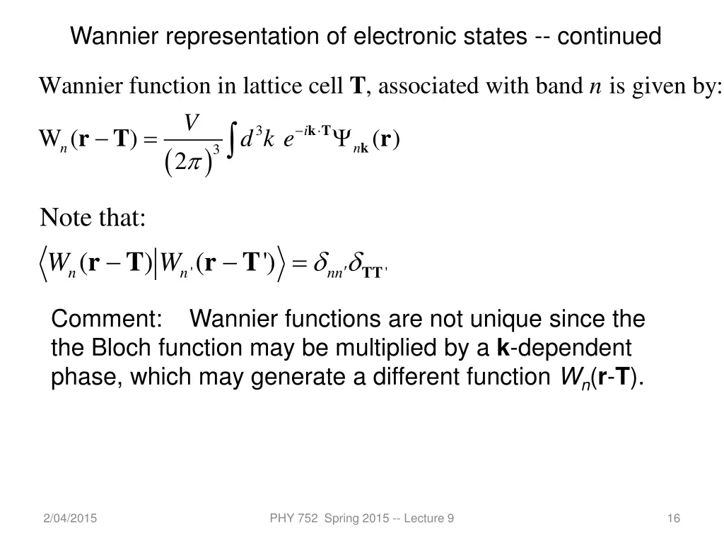 wannier representation of electronic states 1