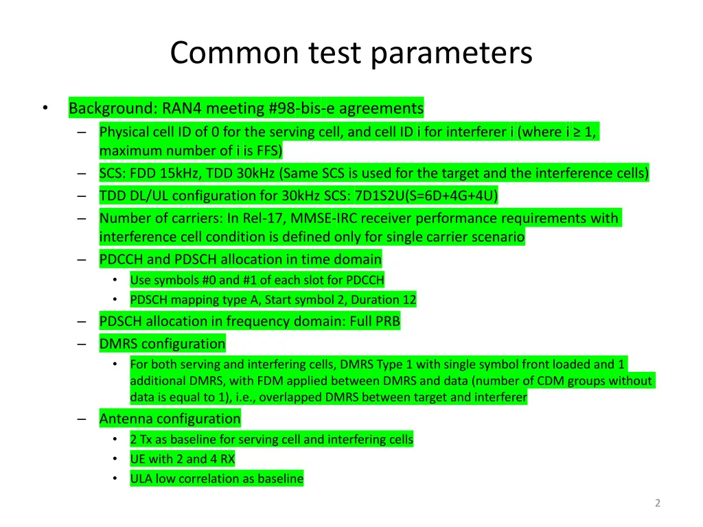 common test parameters