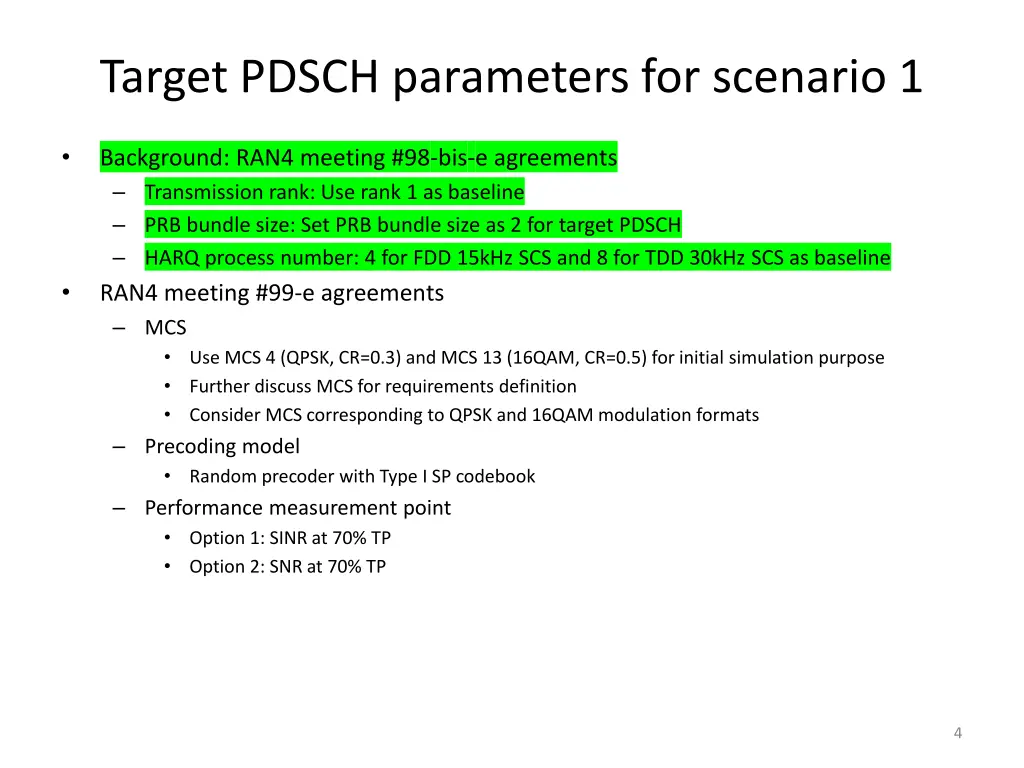 target pdsch parameters for scenario 1
