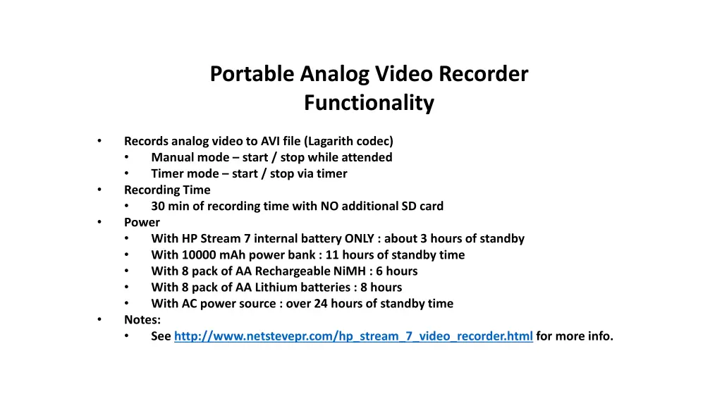 portable analog video recorder functionality