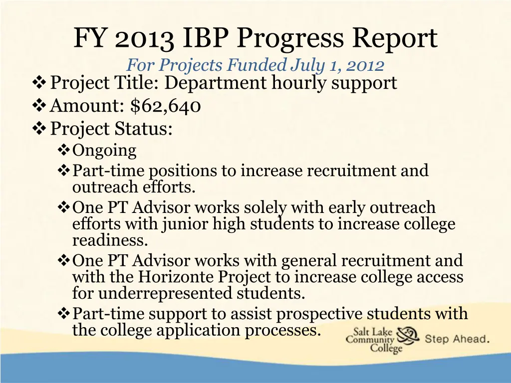 fy 2013 ibp progress report for projects funded 1