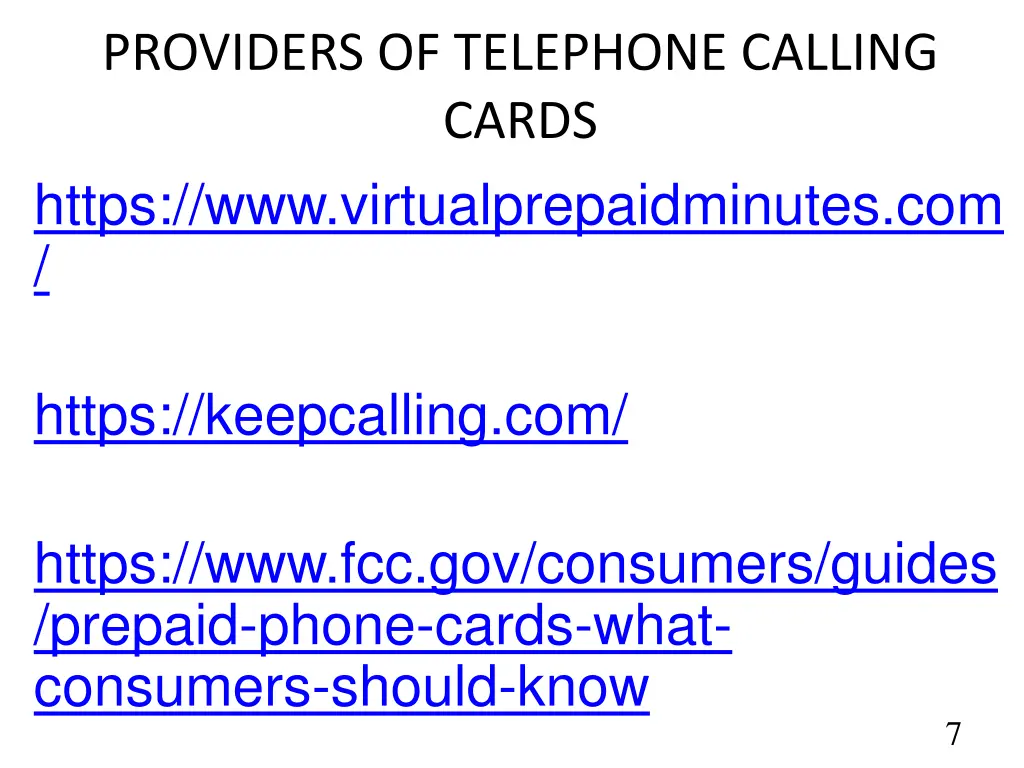 providers of telephone calling cards https