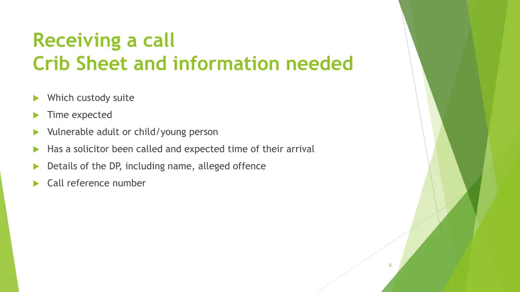 receiving a call crib sheet and information needed