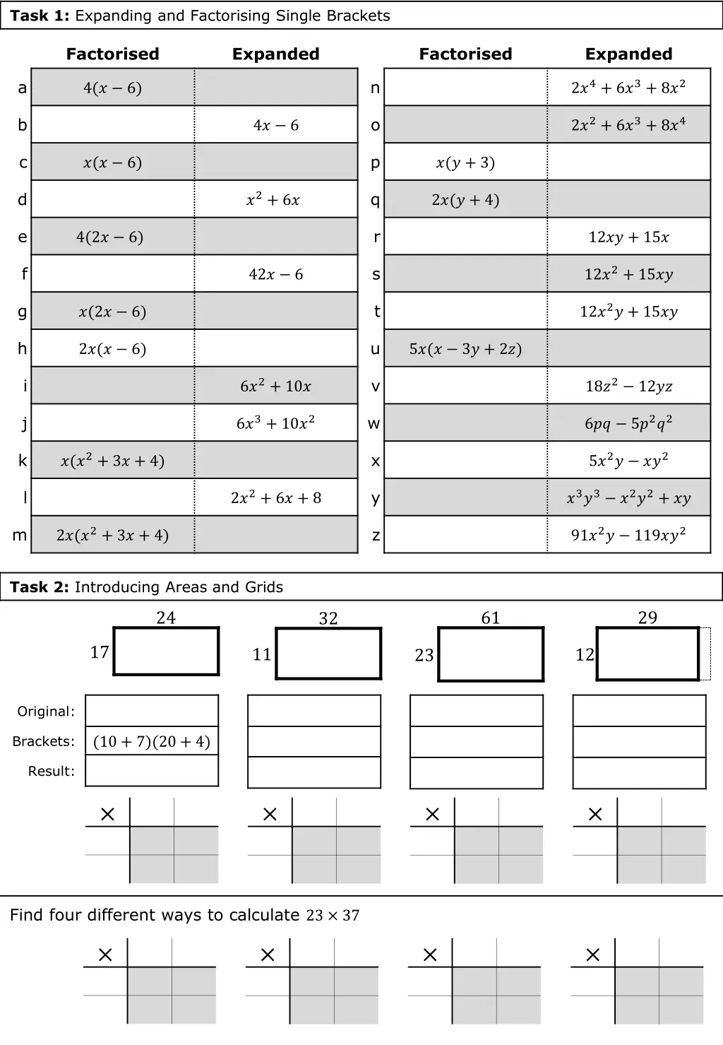 task 1 expanding and factorising single brackets