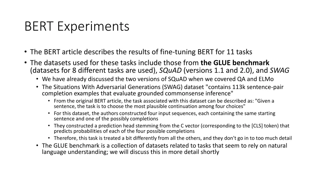bert experiments