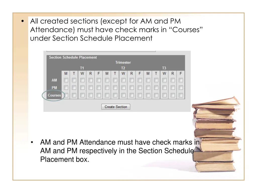all created sections except
