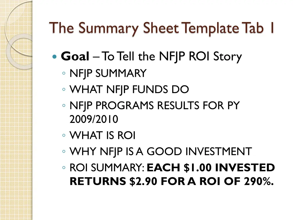 the summary sheet template tab 1