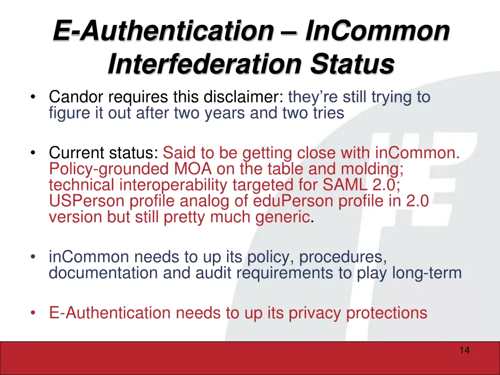 e authentication incommon interfederation status