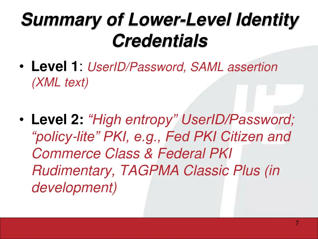 summary of lower level identity credentials level