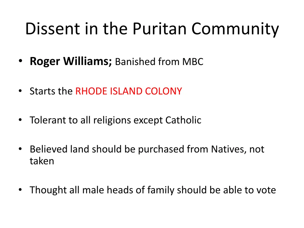 dissent in the puritan community