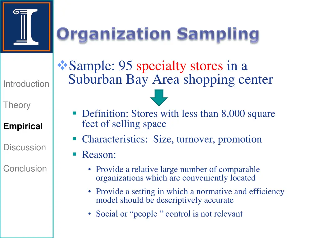 sample 95 specialty stores in a suburban bay area 1