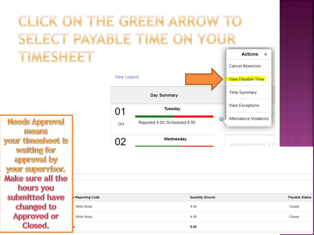 click on the green arrow to select payable time