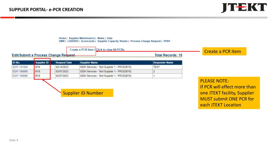 supplier portal e pcr creation
