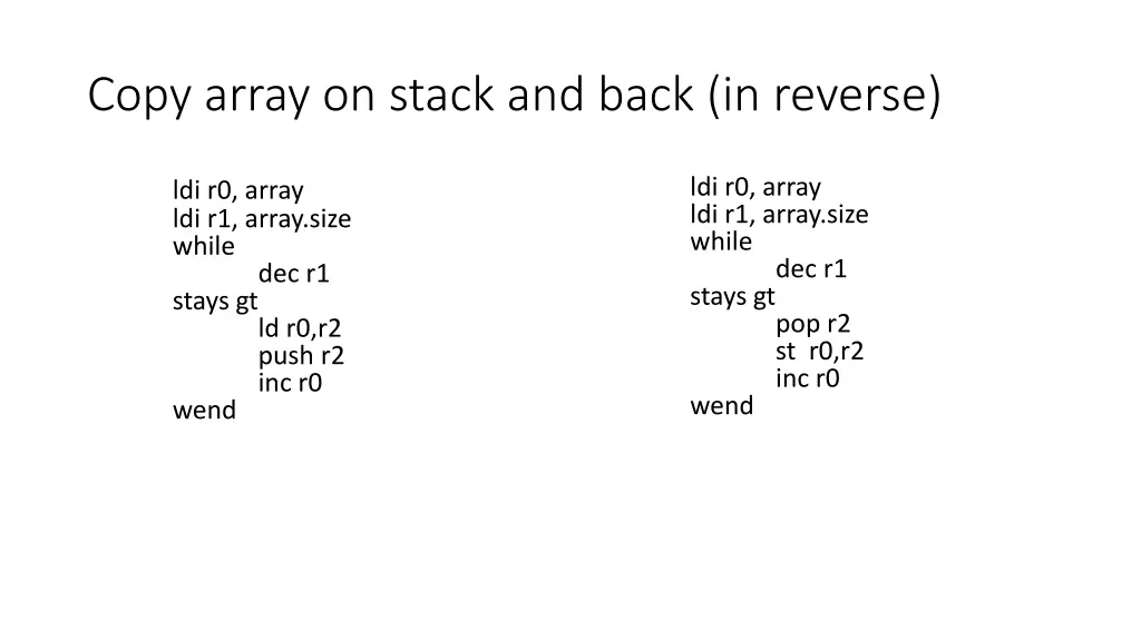 copy array on stack and back in reverse