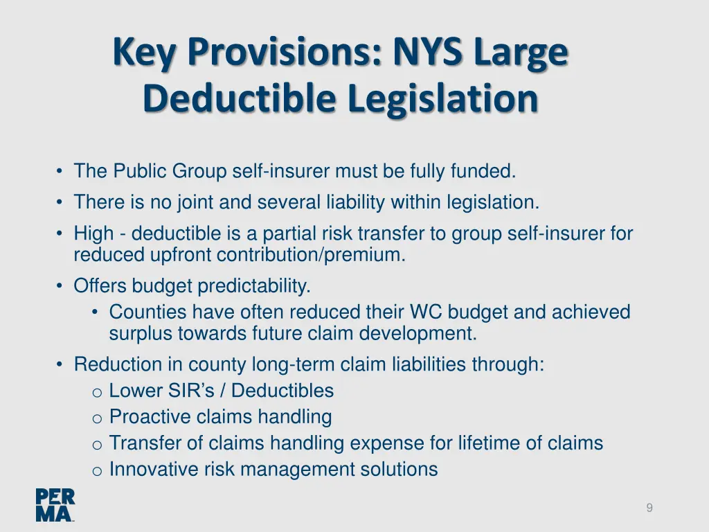 key provisions nys large deductible legislation