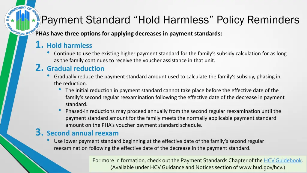 payment standard hold harmless policy reminders