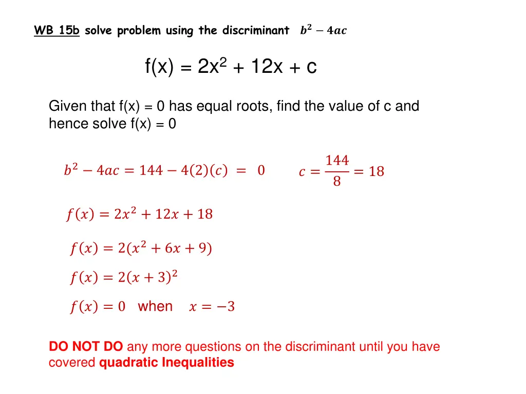 wb 15b solve problem using the discriminant