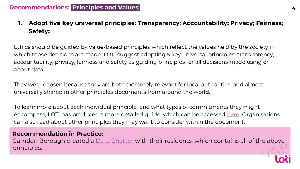 recommendations principles and values