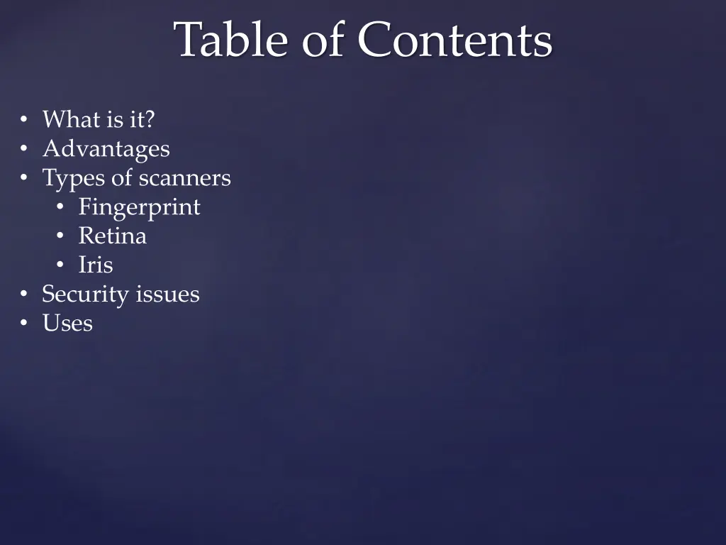 table of contents