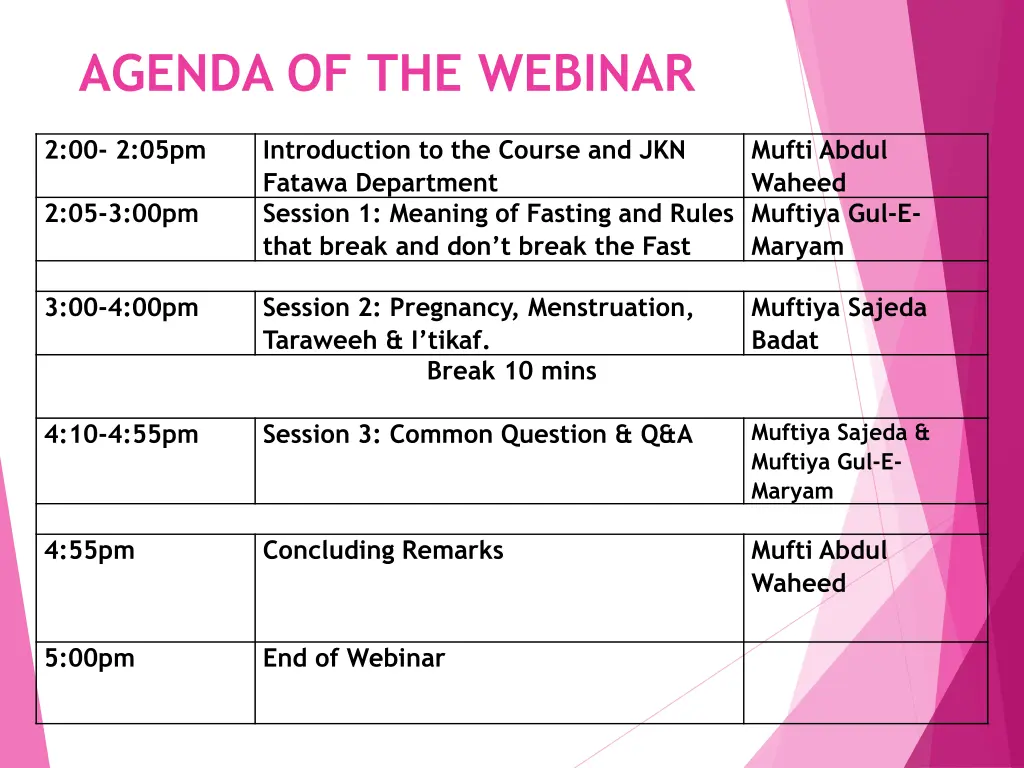 agenda of the webinar