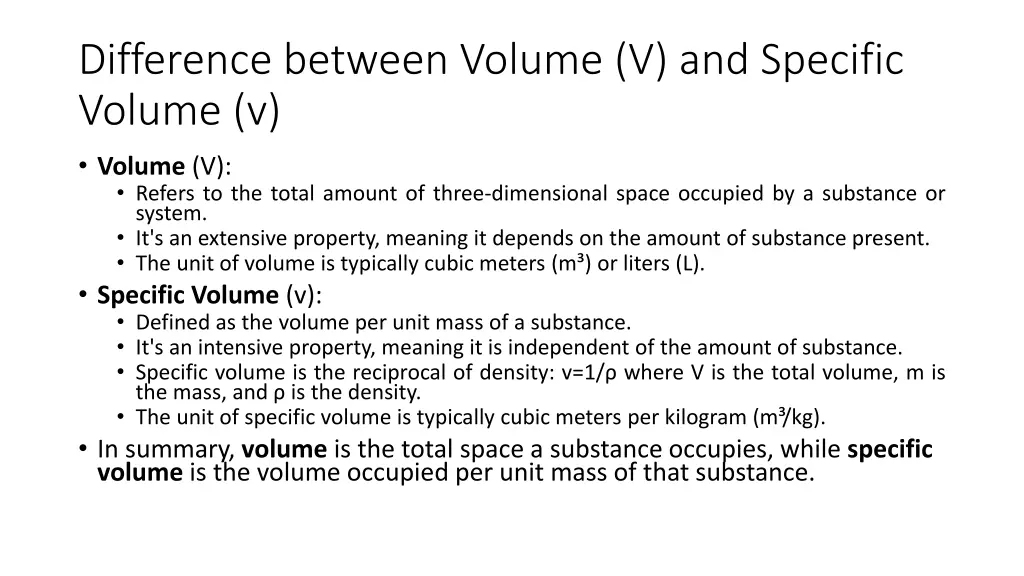 difference between volume v and specific volume