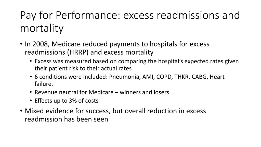 pay for performance excess readmissions
