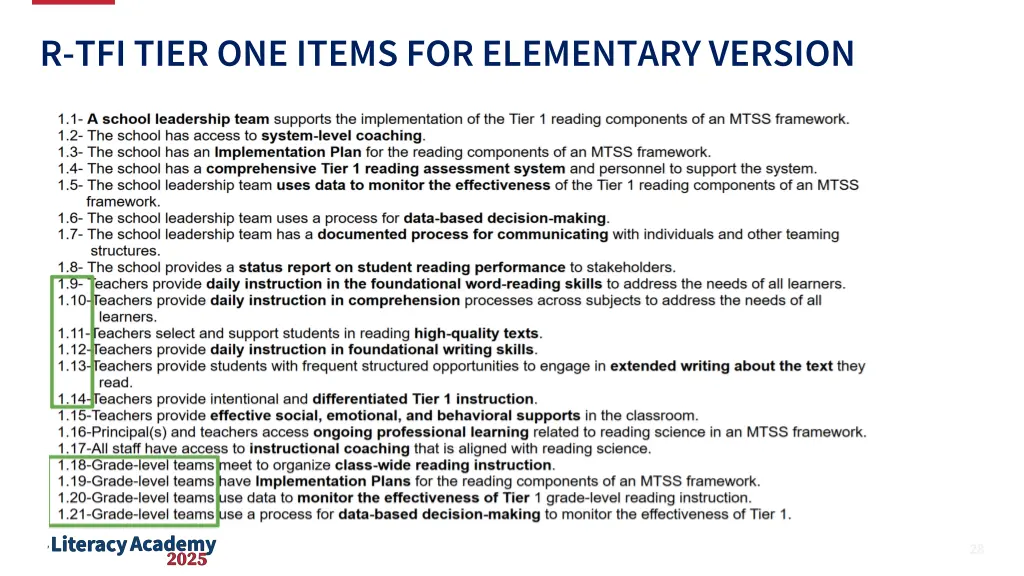 r tfi tier one items for elementary version