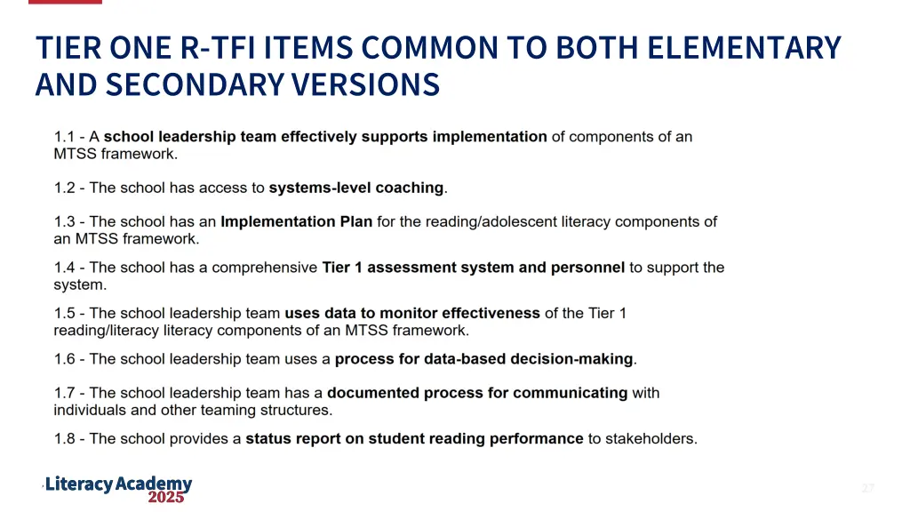 tier one r tfi items common to both elementary