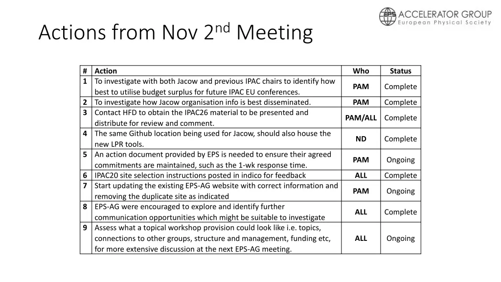 actions from nov 2 nd meeting