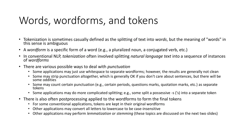 words wordforms and tokens