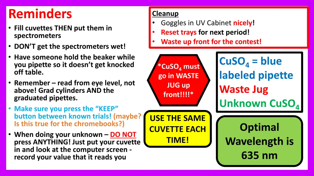 reminders fill cuvettes then put them