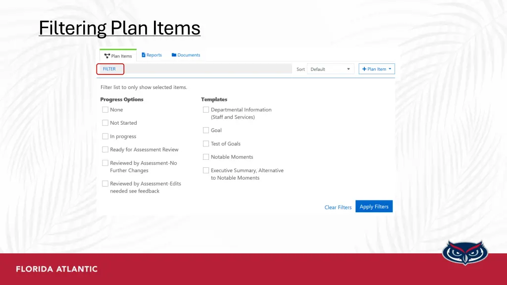 filtering plan items