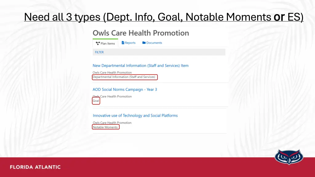 need all 3 types dept info goal notable moments