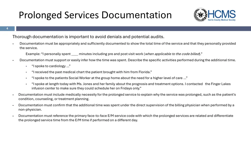prolonged services documentation
