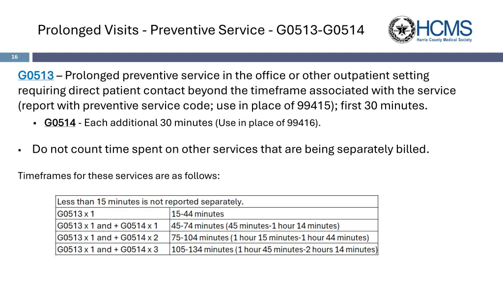 prolonged visits preventive service g0513 g0514
