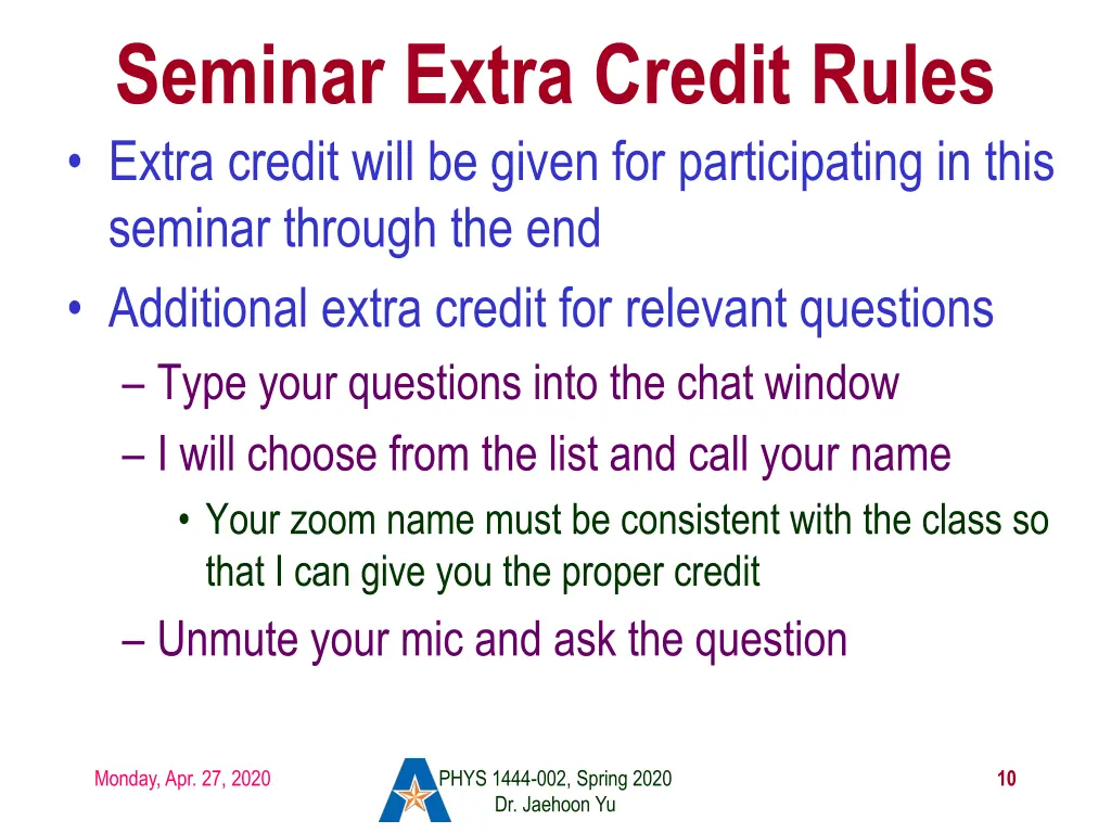 seminar extra credit rules extra credit will