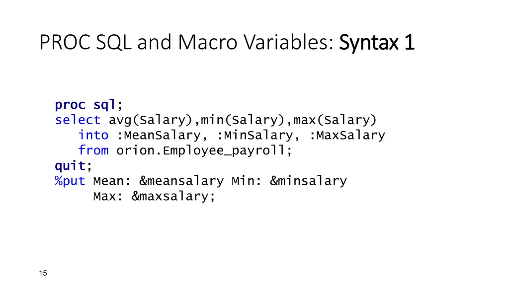 proc sql and macro variables syntax 1 2