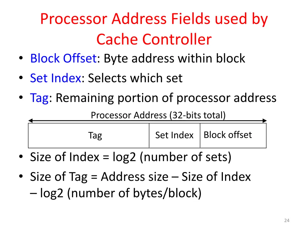 processor address fields used by cache controller