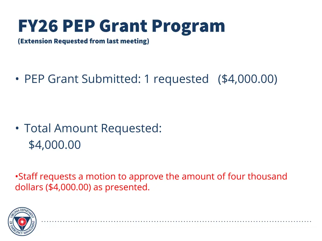 fy26 pep grant program extension requested from