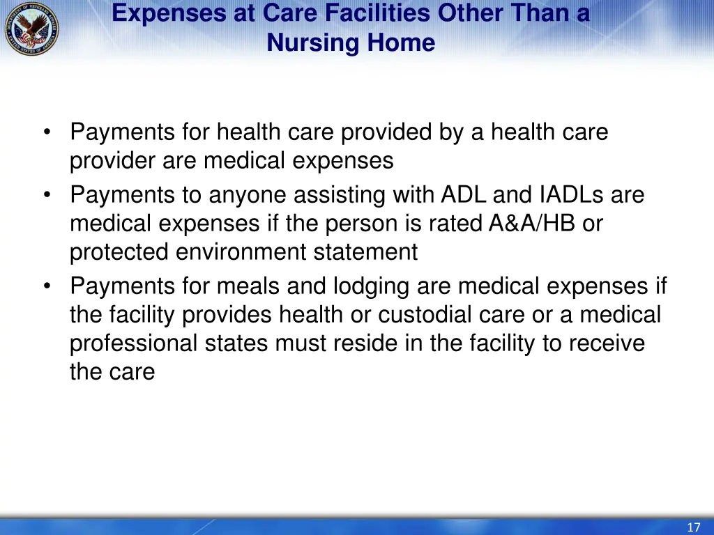 expenses at care facilities other than a nursing