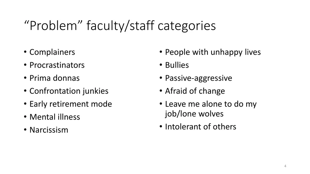 problem faculty staff categories