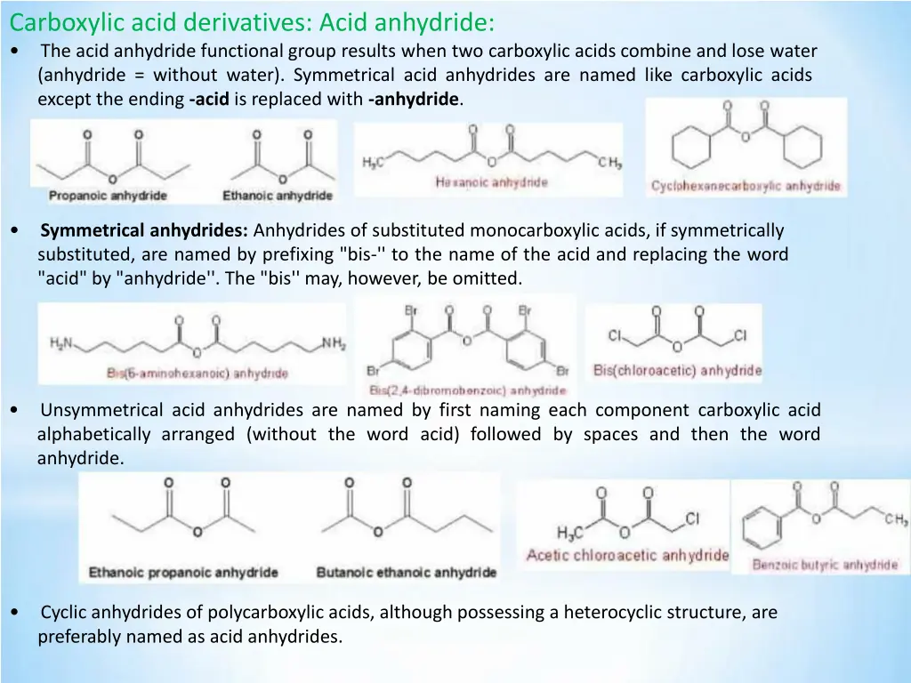 carboxylic acid derivatives acid anhydride